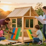 Familie beim Bau eines Gartenhaus Holz im Garten, fröhliche Atmosphäre und DIY-Projekt.