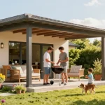 Terrassenüberdachung freistehend im Garten mit Familie beim Grillen