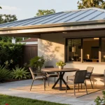 Terrassenüberdachung freistehend im Gartenbereich mit stilvollem Mobiliar und gemütlicher Atmosphäre