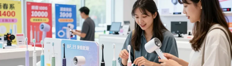 Erleben Sie den Laifen de Prime Day Sale mit elektrischen Zahnbürsten und Haartrocknern in einem modernen Geschäft.