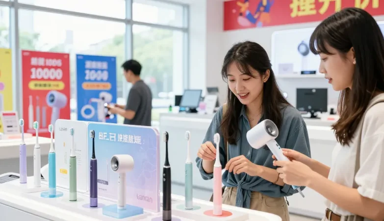 Erleben Sie den Laifen de Prime Day Sale mit elektrischen Zahnbürsten und Haartrocknern in einem modernen Geschäft.